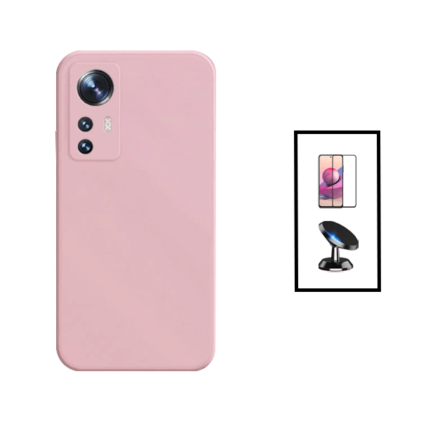 Kit Vidro Premium Full Cover + Capa Silicone Líquido + Suporte Magnético de Carro para Xiaomi 12T Pro - Rosa