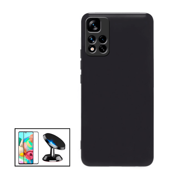 Kit Vidro Premium Full Cover + Capa Silicone Líquido + Suporte Magnético de Carro para Xiaomi Poco X4 NFC - Preto