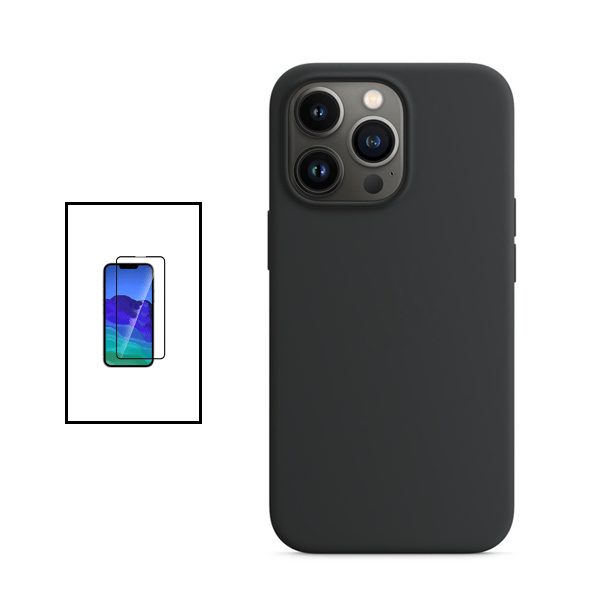 Kit Vidro Premium Full Cover + Capa Silicone Líquido para Apple iPhone 14 Pro - Preto