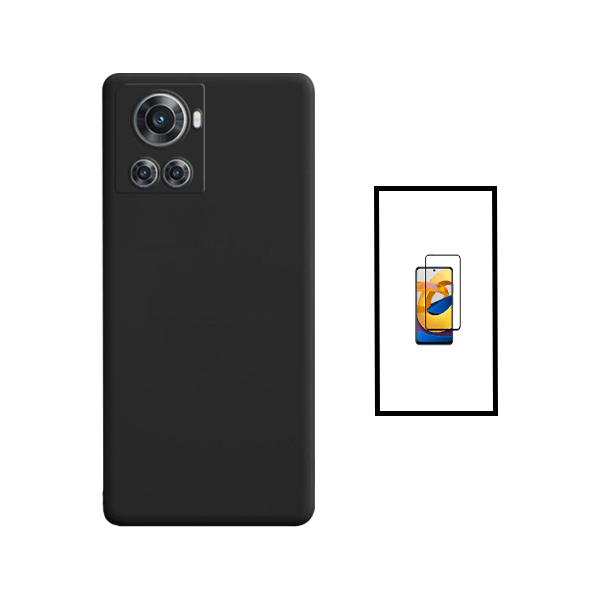 Kit Vidro Premium Full Cover + Capa Silicone Líquido para OnePlus 10R 150W - Preto