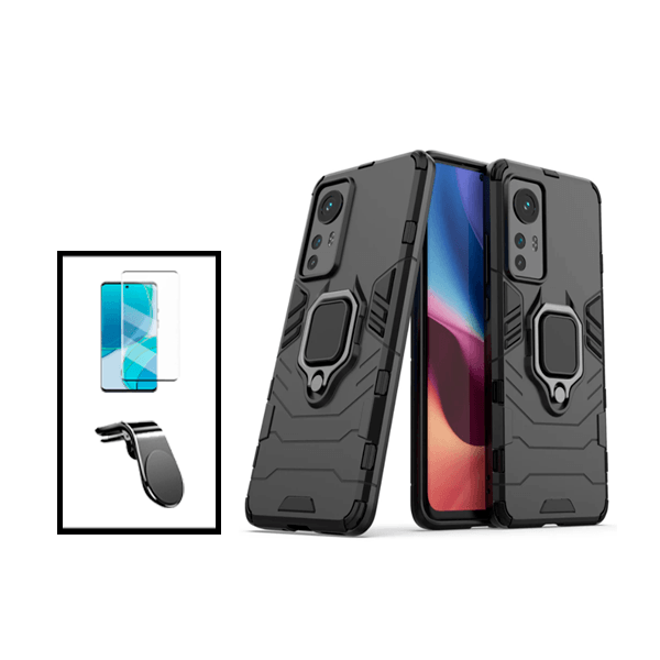 Kit Película de Vidro Temperado Curved + Capa 3X1 Military Defender + Suporte Magnético L Safe Driving Carro para Xiaomi 12 - Preto