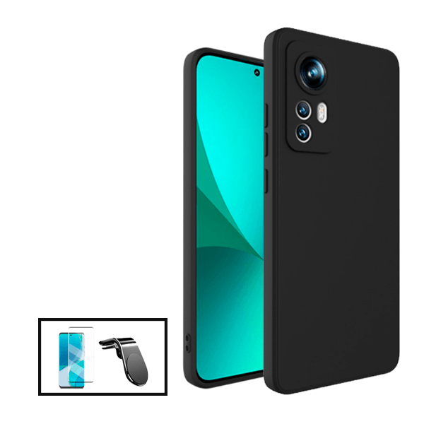 Kit Vidro Premium Full Cover + Capa Silicone Líquido + Suporte Magnético L Safe Driving Carro para Xiaomi Redmi K50 Ultra - Preto