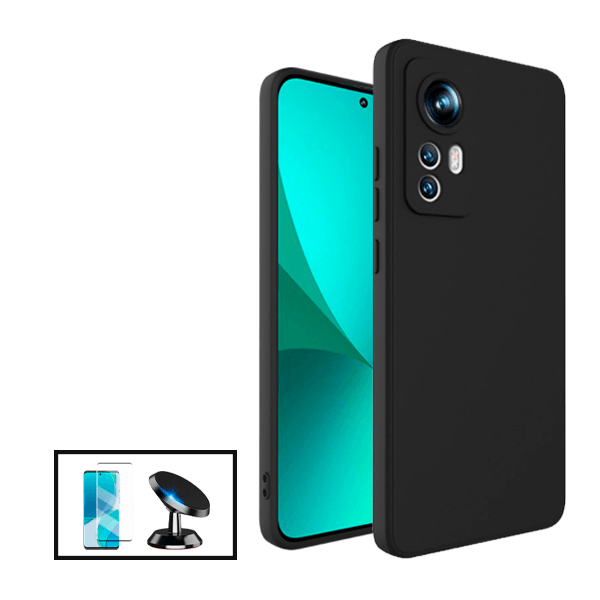Kit Película de Vidro Temperado Curved + Capa Silicone Líquido + Suporte Magnético de Carro para Xiaomi 12X - Preto