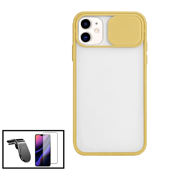 Kit Capa Slide Window Anti Choque Frosted + Película 5D Full Cover + Suporte Magnético L Safe Driving Carro para Apple iPhone 11 - Amarelo