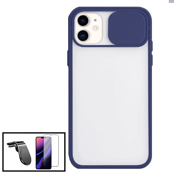Kit Capa Slide Window Anti Choque Frosted + Película 5D Full Cover + Suporte Magnético L Safe Driving Carro para Apple iPhone X / XS - Azul Escuro