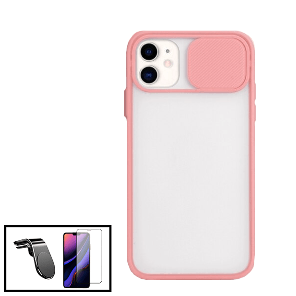 Kit Capa Slide Window Anti Choque Frosted + Película 5D Full Cover + Suporte Magnético L Safe Driving Carro para Apple iPhone 7 / 8 / SE 2020 / SE 2022 - Rosa