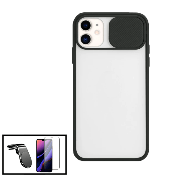 Kit Capa Slide Window Anti Choque Frosted + Película 5D Full Cover + Suporte Magnético L Safe Driving Carro para Apple iPhone 7 / 8 / SE 2020 / SE 2022 - Preto