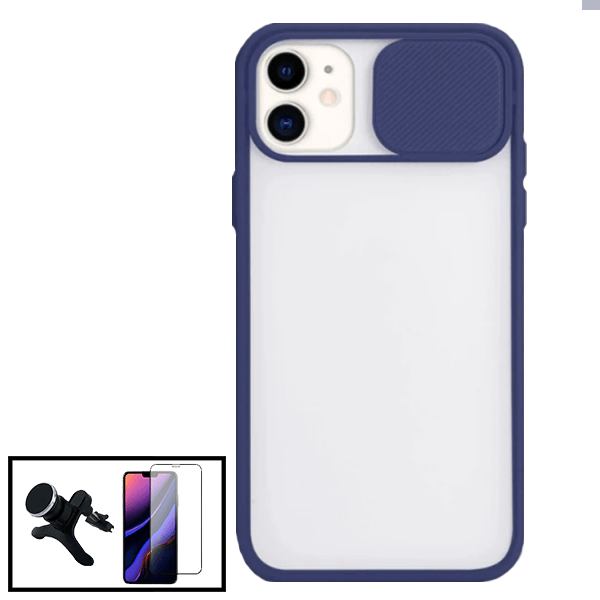 Kit Capa Slide Window Anti Choque Frosted + Película 5D Full Cover + Suporte Magnético Reforçado de Carro para Apple iPhone X / XS - Azul Escuro
