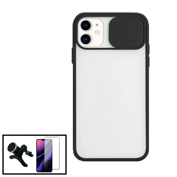 Kit Capa Slide Window Anti Choque Frosted + Película 5D Full Cover + Suporte Magnético Reforçado de Carro para Apple iPhone 12 - Preto