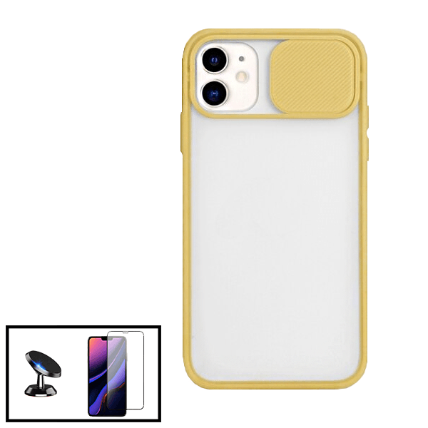 Kit Capa Slide Window Anti Choque Frosted + Película 5D Full Cover + Suporte Magnético de Carro para Apple iPhone 12 Mini - Amarelo