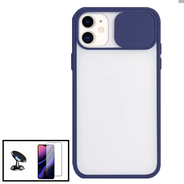 Kit Capa Slide Window Anti Choque Frosted + Película 5D Full Cover + Suporte Magnético de Carro para Apple iPhone 12 Pro Max - Azul Escuro
