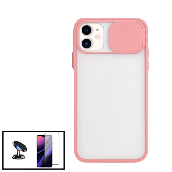 Kit Capa Slide Window Anti Choque Frosted + Película 5D Full Cover + Suporte Magnético de Carro para Apple iPhone 7 / 8 / SE 2020 / SE 2022 - Rosa
