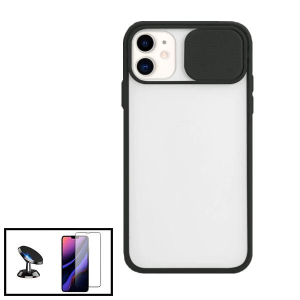 Kit Capa Slide Window Anti Choque Frosted + Película 5D Full Cover + Suporte Magnético de Carro para Apple iPhone 11 Pro Max - Preto