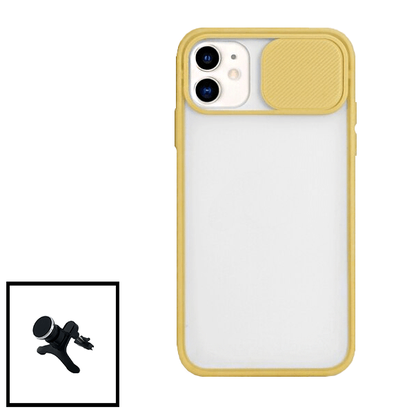 Kit Capa Slide Window Anti Choque Frosted + Suporte Magnético Reforçado de Carro para Apple iPhone XR - Amarelo
