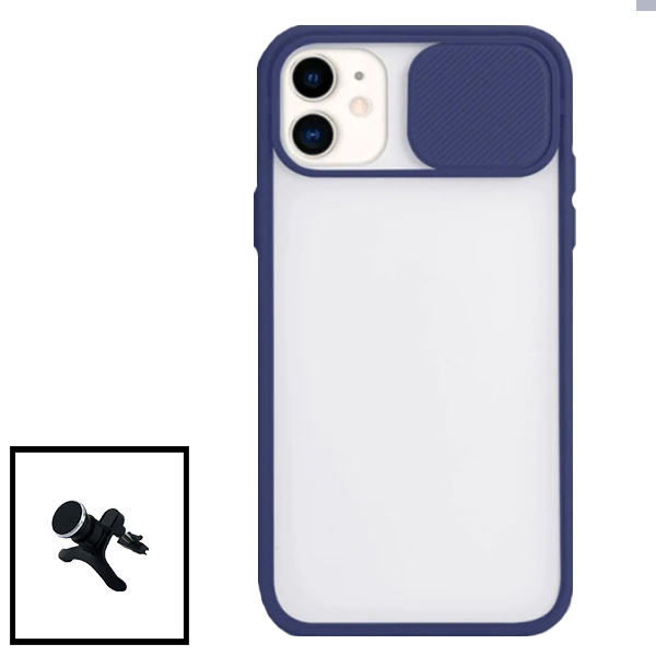 Kit Capa Slide Window Anti Choque Frosted + Suporte Magnético Reforçado de Carro para Apple iPhone 12 Pro Max - Azul Escuro