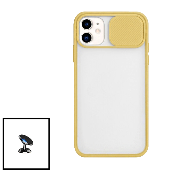 Kit Capa Slide Window Anti Choque Frosted + Suporte Magnético de Carro para Apple iPhone 12 - Amarelo