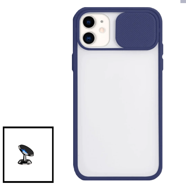 Kit Capa Slide Window Anti Choque Frosted + Suporte Magnético de Carro para Apple iPhone 12 Pro Max - Azul Escuro