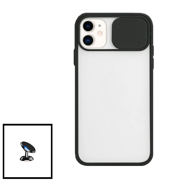 Kit Capa Slide Window Anti Choque Frosted + Suporte Magnético de Carro para Apple iPhone 12 - Preto