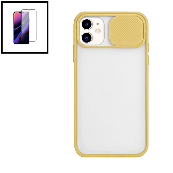 Kit Capa Slide Window Anti Choque Frosted + Película 5D Full Cover para Apple iPhone 12 - Amarelo
