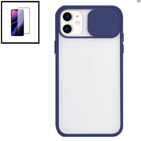 Kit Capa Slide Window Anti Choque Frosted + Película 5D Full Cover para Apple iPhone XR - Azul Escuro