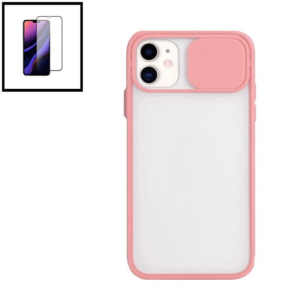 Kit Capa Slide Window Anti Choque Frosted + Película 5D Full Cover para Apple iPhone 7 / 8 / SE 2020 / SE 2022 - Rosa