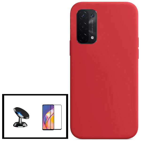 Kit Vidro Premium Full Cover + Capa Silicone Líquido + Suporte Magnético de Carro para Oppo A55 5G - Vermelho