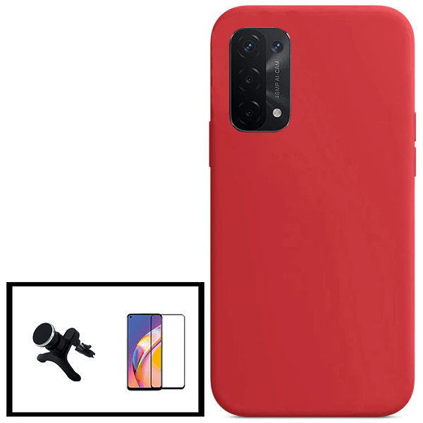 Kit Vidro Premium Full Cover + Capa Silicone Líquido + Suporte Magnético de Carro Reforçado para Oppo A55 5G - Vermelho