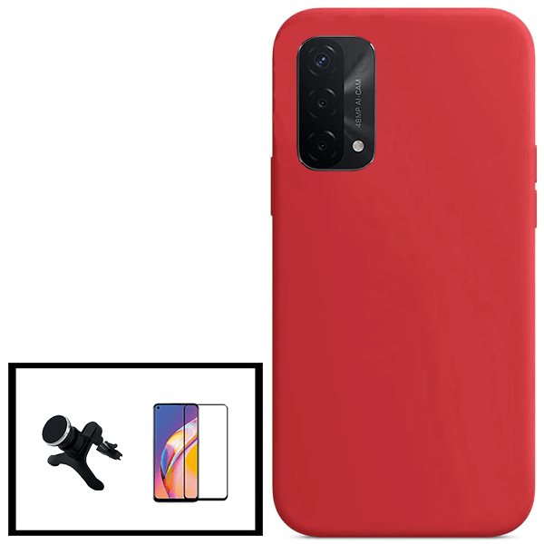 Kit Vidro Premium Full Cover + Capa Silicone Líquido + Suporte Magnético de Carro Reforçado para Oppo A93 5G - Vermelho