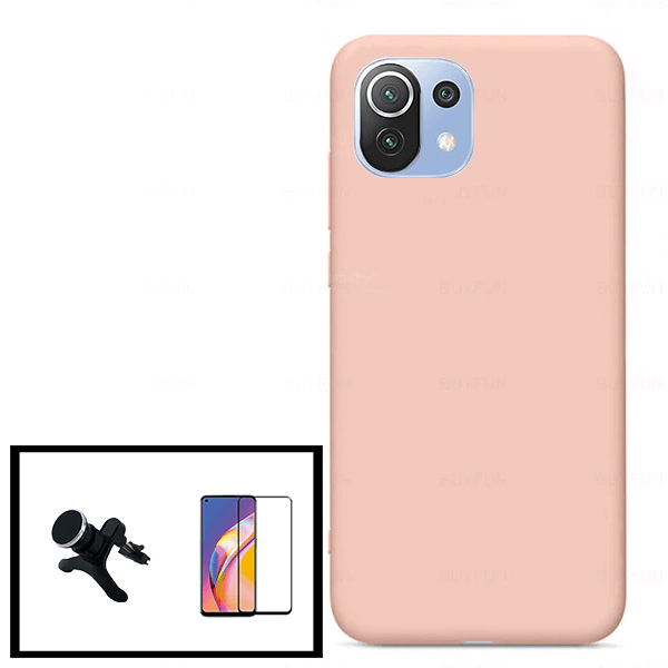 Kit Vidro Premium Full Cover + Capa Silicone Líquido + Suporte Magnético de Carro Reforçado para Xiaomi Mi 11 Lite 5G NE - Rosa