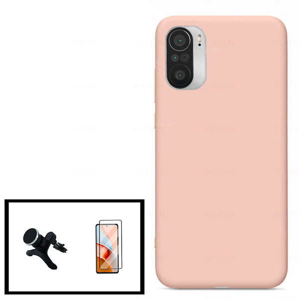 Kit Vidro Premium Full Cover + Capa Silicone Líquido + Suporte Magnético de Carro Reforçado para Xiaomi Poco F3 - Rosa