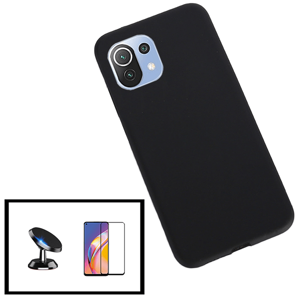 Kit Vidro Premium Full Cover + Capa Silicone Líquido + Suporte Magnético de Carro para Xiaomi Mi 11 Lite 5G NE