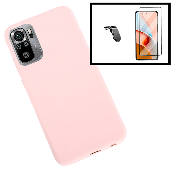 Kit Vidro Premium Full Cover + Capa Silicone Líquido + Suporte Magnético L Safe Driving Carro para Xiaomi Poco M3 Pro - Rosa