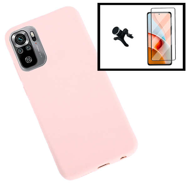Kit Vidro Premium Full Cover + Capa Silicone Líquido + Suporte Magnético de Carro Reforçado para Xiaomi Poco M3 Pro 5G - Rosa