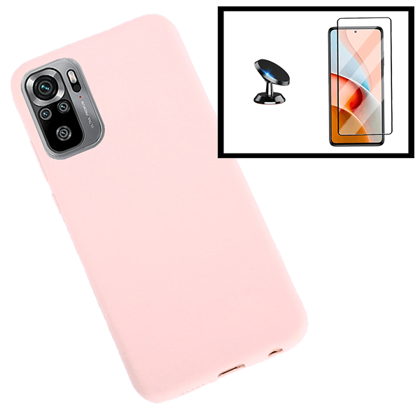 Kit Vidro Premium Full Cover + Capa Silicone Líquido + Suporte Magnético de Carro para Xiaomi Poco M3 Pro - Rosa