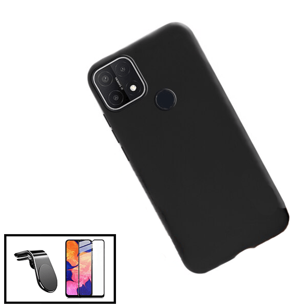 Kit Vidro Premium Full Cover + Capa Silicone Líquido + Suporte Magnético L Safe Driving Carro para Oppo A15 - Preto