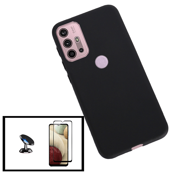 Kit Vidro Premium Full Cover + Capa Silicone Líquido + Suporte Magnético de Carro para Motorola Moto G30