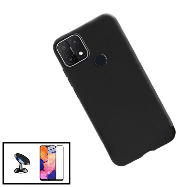 Kit Vidro Premium Full Cover + Capa Silicone Líquido + Suporte Magnético de Carro para Oppo A15S - Preto
