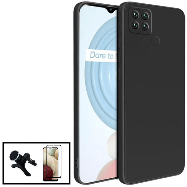 Kit Vidro Premium Full Cover + Capa Silicone Líquido + Suporte Magnético de Carro Reforçado para Realme C25Y - Preto
