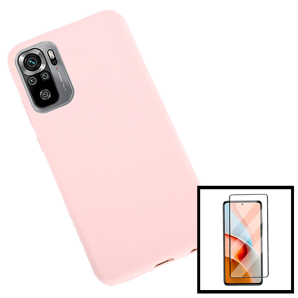 Kit Vidro Premium Full Cover + Capa Silicone Líquido para Xiaomi Poco M3 Pro 5G - Rosa