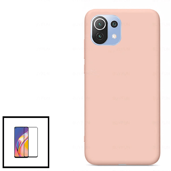 Kit Vidro Premium Full Cover + Capa Silicone Líquido para Xiaomi Mi 11 Lite 5G - Rosa