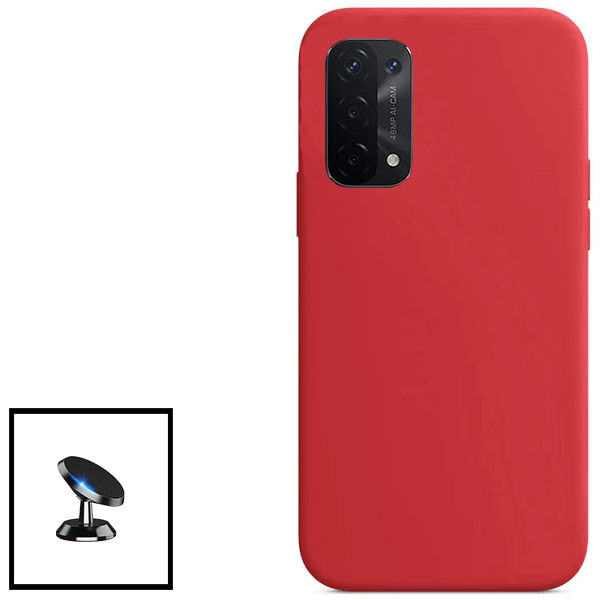 Kit Suporte Magnético de Carro + Capa Silicone Líquido para Oppo A55 5G - Vermelho