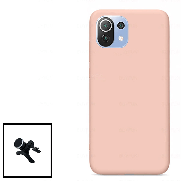 Kit Suporte Magnético Reforçado de Carro + Capa Silicone Líquido para Xiaomi Mi 11 Lite 5G NE - Rosa