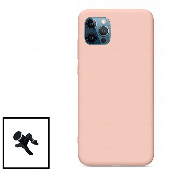 Kit Suporte Magnético Reforçado de Carro + Capa Silicone Líquido para Apple iPhone 11 Pro Max - Rosa