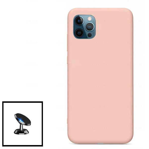 Kit Suporte Magnético de Carro + Capa Silicone Líquido para Apple iPhone 12 Pro Max - Rosa