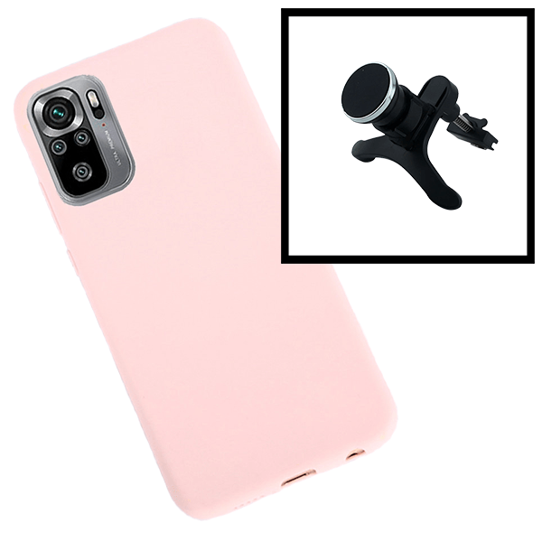 Kit Suporte Magnético Reforçado de Carro + Capa Silicone Líquido para Xiaomi Redmi Note 10 5G - Rosa