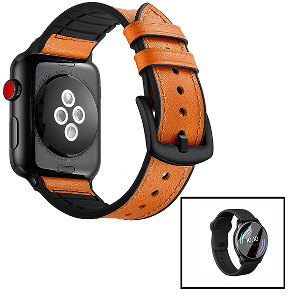 Kit Bracelete Premium Siliconleather + Película de Hydrogel para Apple Watch Series 11 - 46mm - Castanho / Preto