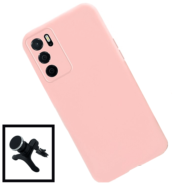 Kit Vidro Premium Full Cover + Capa Silicone Líquido + Suporte Magnético de Carro Reforçado para Oppo A16S - Rosa
