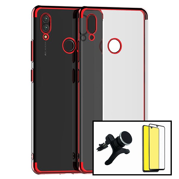 Kit Vidro Premium Full Cover + Capa SlimArmor + Suporte Magnético de Carro Reforçado para Huawei P30 Lite New Edition - Vermelho