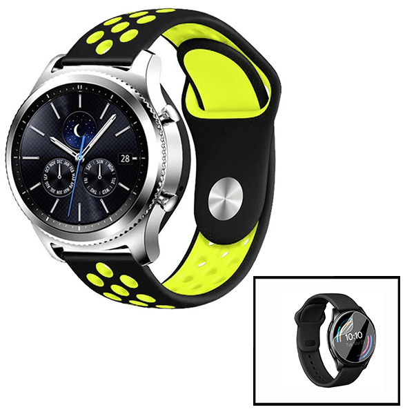 Kit Bracelete SportyStyle + Película de Hydrogel para Amazfit GTR 3 Pro - 47mm - Preto / Verde Fluorescente