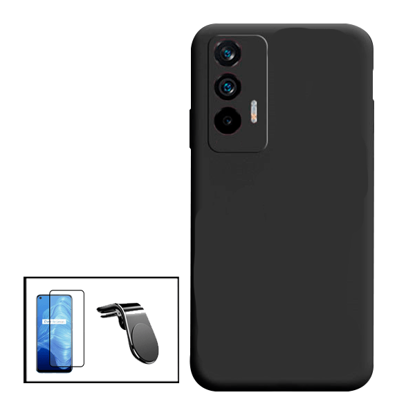 Kit Vidro Premium Full Cover + Capa Silicone Líquido + Suporte Magnético L Safe Driving Carro para Realme GT Neo2T